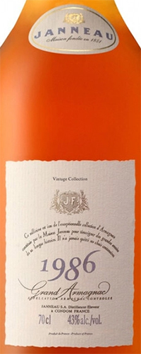 Этикетка Бренди "Арманьяк Жанно Винтажная Коллекция", год урожая 1986, в деревянной п/у, креп. 43%,  емк 0,7л