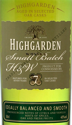Этикетка Виски зерновой Хайгарден 7 лет 0.5л.