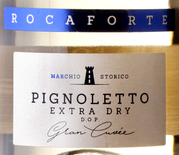 Этикетка Игристое вино Рокафорте Пиньолетто Экстра Драй, белое брют, 0.75 л