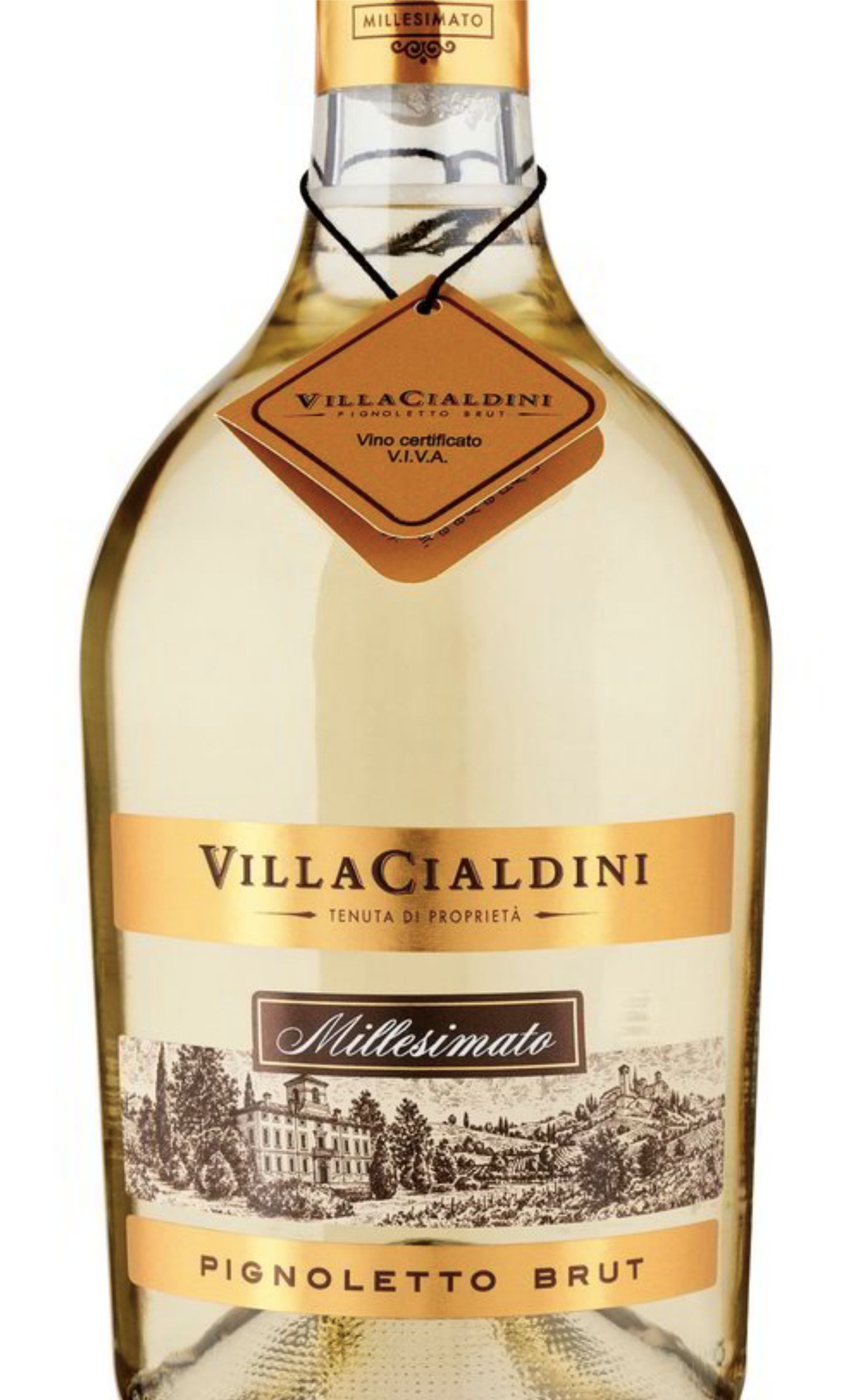 Этикетка Игристое вино Вилла Чальдини Пиньолетто, белое брют,  0.75 л