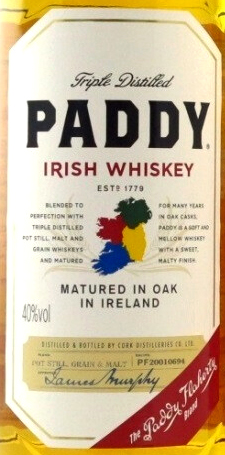 Этикетка ВИСКИ Пэдди виски ирландский купажированный  креп 40%, емк  1.0л. п/у