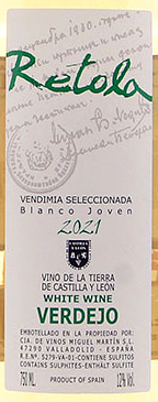 Этикетка Вино сортовое ординарное региона Кастилия и Леон Ретола Вердехо 2021г  белое сухое креп 12,5%, емк  0.75л.