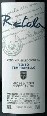 Этикетка Вино сортовое ординарное региона Кастилия и Леон Ретола Темпранильо 2020Г  сухое красное креп 13%, емк  0.75л.